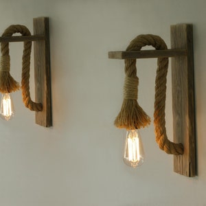 Pair of Reclaimed wood sconce with rope, Rope wall lamp ,Industrial lighting,rope sconce, rope lamp, wall sconce, rustic lamp, Free shipping