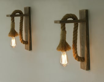 Wall lamp with rope, Pair of wood sconce with rope, Industrial lighting, rope lamp, wall sconce,rustic sconces,Rope sconces, rustic design