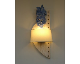 Wooden wall lamp, woman face wooden lamp, face wooden wall light