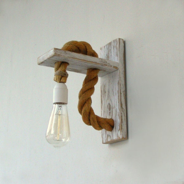 Reclaimed wood sconce with rope, Rope wall lamp lighting, industrial lamps, free shipping,rope sconces,coastal design,rustic sconces