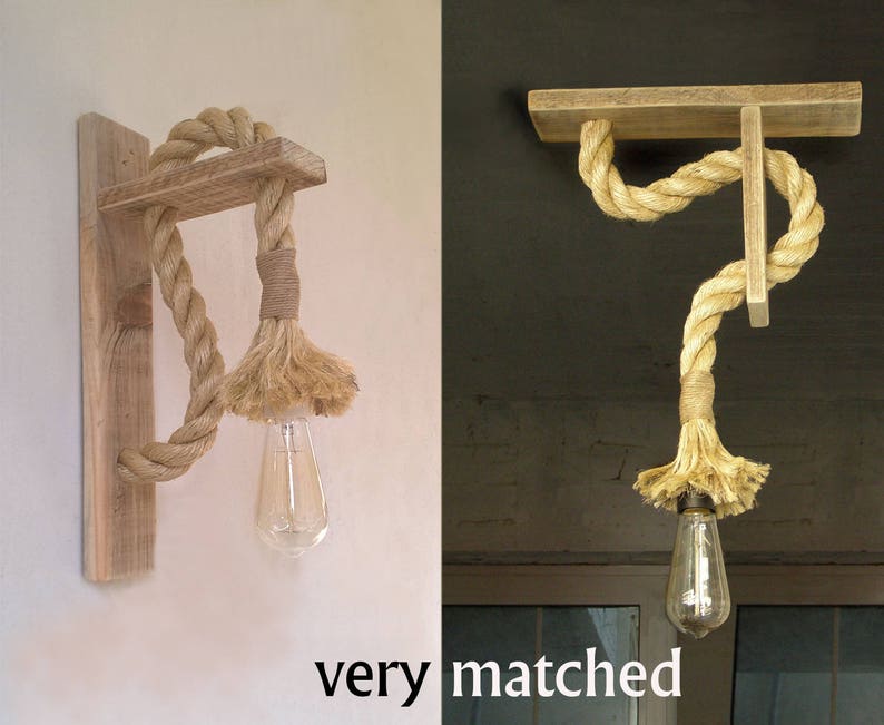 Wooden wall lamp with rope, Reclaimed wood wall lamp with rope, Rope wall lamp lighting image 7