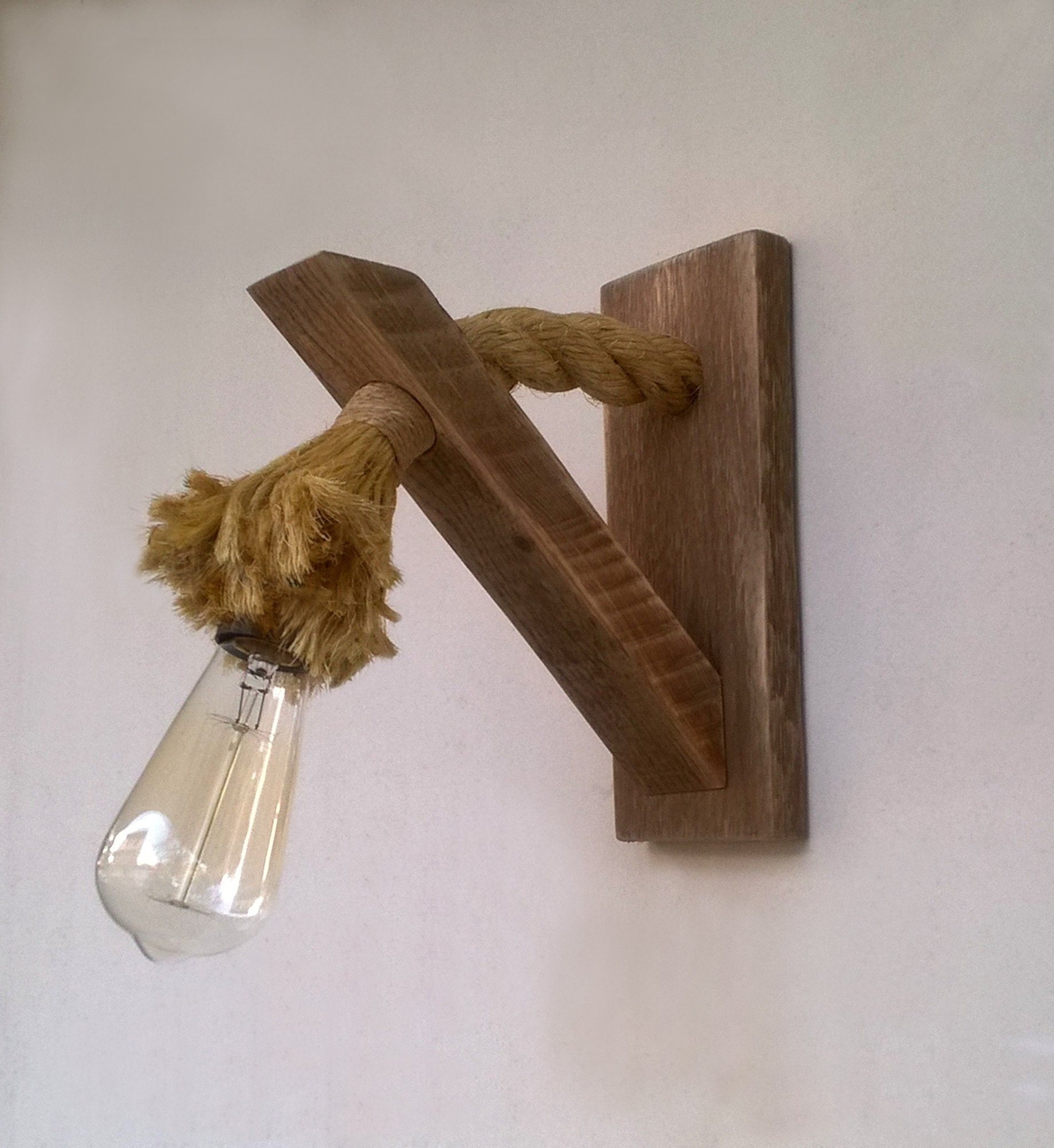 Wood Rope Base Lamp Wall Lamp, Reclaimed Wood Rope Sconce, Rope Wall Lamp Lighting, Wooden ...