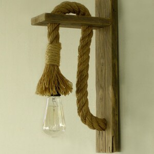 Wooden wall lamp with rope, Reclaimed wood wall lamp with rope, Rope wall lamp lighting image 4