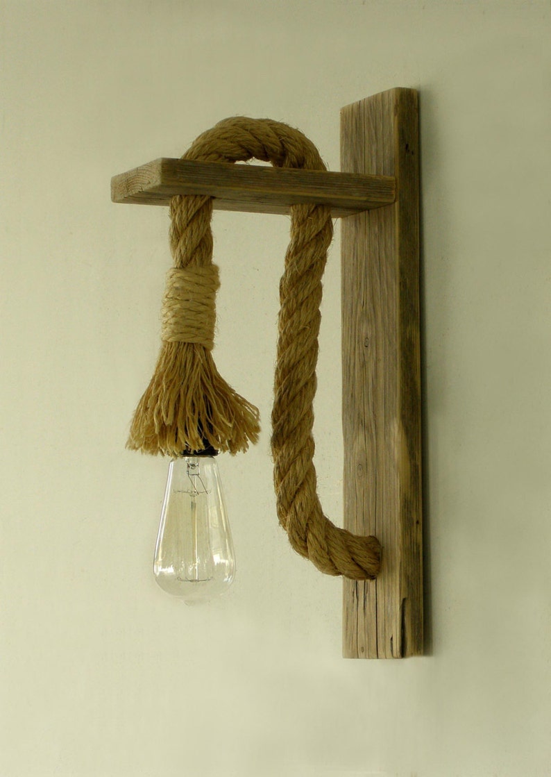 Wooden wall lamp with rope, Reclaimed wood wall lamp with rope, Rope wall lamp lighting image 4