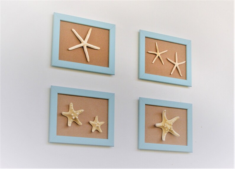 Set of 4 frame Beach Wall Decor with pale turquoise Frame and oritzinal starfish, Coastal Wall Decor, Shell Art, Coastal Decor, Beach Art image 3