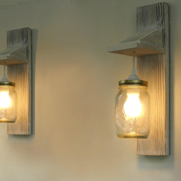 Pair of Wall lamp, Reclaimed wood wall sconce, Mason Jar lighting, wall lamp, reclaimed, industrial lighting, Mason jar lamp, free shipping