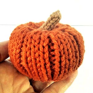 May include: A hand-knitted orange pumpkin with a brown stem. The pumpkin is made of thick yarn, showcasing a textured, ribbed pattern. This decorative item is perfect for fall and autumn-themed home decor.