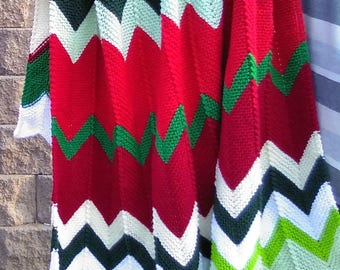 Christmas Blanket Knitting Pattern - Chevron Stripe Throw - Digital Download - Red Green White Holiday Knit Pattern