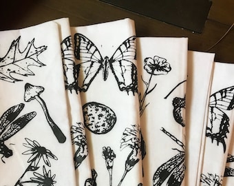 Nature Walk tea towel, nature print, feather towel, dragonfly towel, butterfly towel, mushroom towel, hand printed