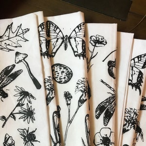 Nature Walk tea towel, nature print, feather towel, dragonfly towel, butterfly towel, mushroom towel, hand printed