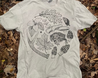 PREORDER NEW Morel Spring Forager T-Shirt Unisex morel mushrooms leeks honey bee bone naturalist hand printed