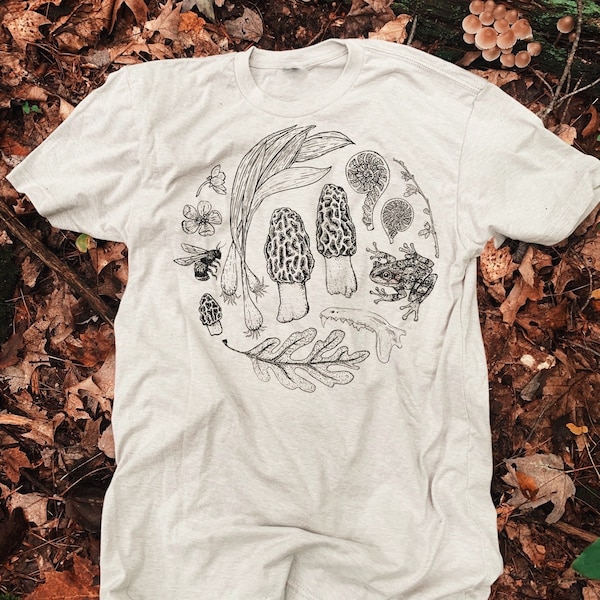 Spring Forager T-Shirt Unisex morel mushrooms leeks honey bee bone naturalist hand printed