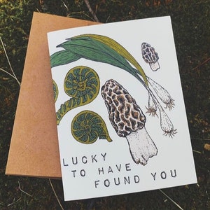 Lucky to Have Found you Greeting card foraging morels leeks fiddlehead fern nature card Valentines day card