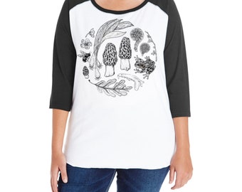 Spring Forager Plus Size Baseball T-Shirt Ladies morel mushrooms leeks honey bee bone naturalist hand printed