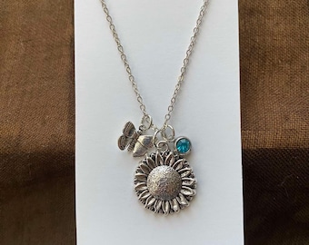 Handmade Personalized Sunflower Necklace | Customize Flower, Bee, Butterfly, Birthstone Jewelry | Personalize Your Necklace Jewelry