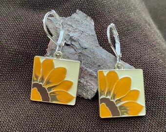 Handmade Square Sunflower Earrings on Lever backs | Dangle Daisy and Sun Flower Jewelry | Wildflower Artisan Jewelry Gifts for Women