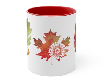 Fall Leaves 11oz Mug with Sunflowers, Colorful Autumn Décor Mug, Harvest Lover Gift Mug, Red Yellow & Orange Maple Oak Birch Leaf