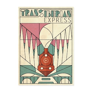 May include: A vintage-style poster with the words "Transiberian Express" in a geometric design. The poster features a red train with white smoke, set against a backdrop of pink, teal, and cream-colored shapes. The overall aesthetic is reminiscent of art deco.