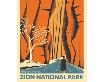 Zion, Narrows, USA, Utah, Travel Poster, National Park, Housewarming gift, United States, Hiker, Hiking, Canyon, Mountains, River