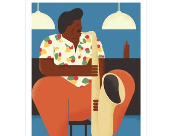 Cartel de la música, Saxo, Saxofonista, Ilustración, Músico de bar, Música, Músico, Hombre, Moustache, Cartel retro, Impresión de arte