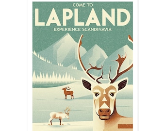 Scandinavia, Lapland,  Retro art print, Travel poster, Reindeer, Mountains, Scandinavian landscape, Snowy mountains, Wall decor