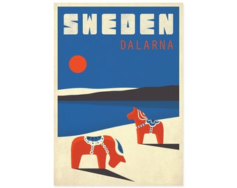 Reiseposter, Schweden, Dalarna, Geschenk zur Wohnungseinführung, Retro Kunstdruck, Dala Pferd, Pferde, Skandinavien, skandinavische Landschaft, nordisches Poster