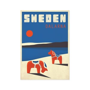 Travel poster, Sweden, Dalarna, Housewarming gift, Retro art print, Dala horse, horses, Scandinavia, Scandinavian landscape, Nordic poster