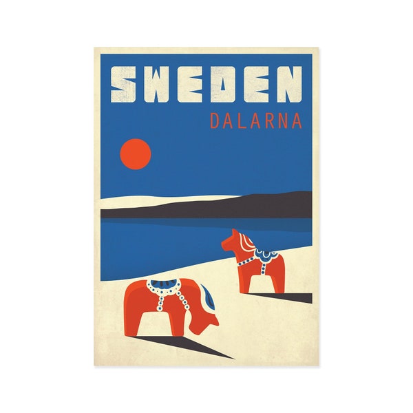 Affiche de voyage, Suède, Dalécarlie, Cadeau de ménage, Impression d’art rétro, Cheval Dala, chevaux, Scandinavie, Paysage scandinave, Affiche nordique