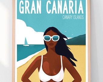 Reisposter, Gran Canaria, Canarische Eilanden, Spanje, Housewarming cadeau, Retro kunstposter, Strand, Oceaan, Zeilen, Vrouw in Bikini, Zonnebaden