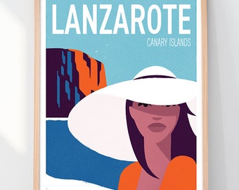 Reisposter, Lanzarote, Canarische Eilanden, Spanje, Housewarming cadeau, Retro kunstposter, Black Beach, Oceaan, Vrouw met hoed, Wind