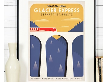 Zwitserland, Retro reisposter, Glacier Express, Treinposter, Alpen, bergen, Reiskunstposter, toeristische poster, kunstposter, treinrit