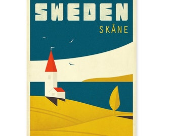 Affiche de voyage, Suède, Skane, Cadeau de guerre de crémaillère, impression d’art rétro, randonnée, Malmö, Scandinavie, paysage scandinave, affiche nordique, champs