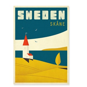 Travel poster, Sweden, Skane, Housewarming gift, Retro art print, hiking, Malmo, Scandinavia, Scandinavian landscape, Nordic poster, fields