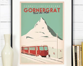 Plakat podróżny, Szwajcaria, Zermatt, Gornergrat, Alpy, Matterhorn, Retro druk podróży, Plakat kolejowy, Kolej, Narciarstwo, Narciarze, góry
