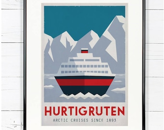 Travel poster, Norway, Hurtigruten, Ferry, Ship, Norway, Travel print, Scandinavia, Scandinavian landscape, Nautical decor, Retro poster