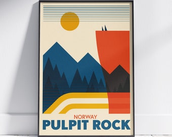 Affiche de voyage, Pulpit Rock, Norvège, impression d'art minimaliste, nordique, explorez la Scandinavie, paysage scandinave, décoration murale scandinave