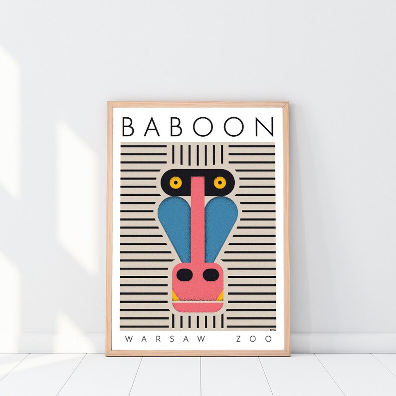 Baboon Retro poster Minimalist poster Monkey Warsaw zoo Animals poster Animals portrait Art art print