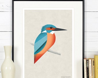 Affiche d’oiseau, art de mur d’oiseau, martin-pêcheur, décor de housewarming, modèle scandinave, impression d’art vintage, art rétro de mur, décor minimaliste de conception