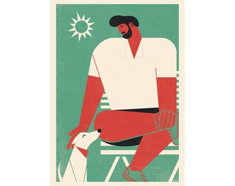 Poster, Man and dog, Walking the dog, Walk with a dog, Park, Illustration, Retro poster, Art print, Housewarming wall art, Contemporary art