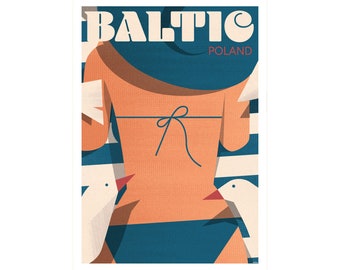 Travel poster, Baltic Sea, Beach, Woman Sunbathing, Sea gulls, Travel print, Poland, Polska, Woman in hat, Woman on beach