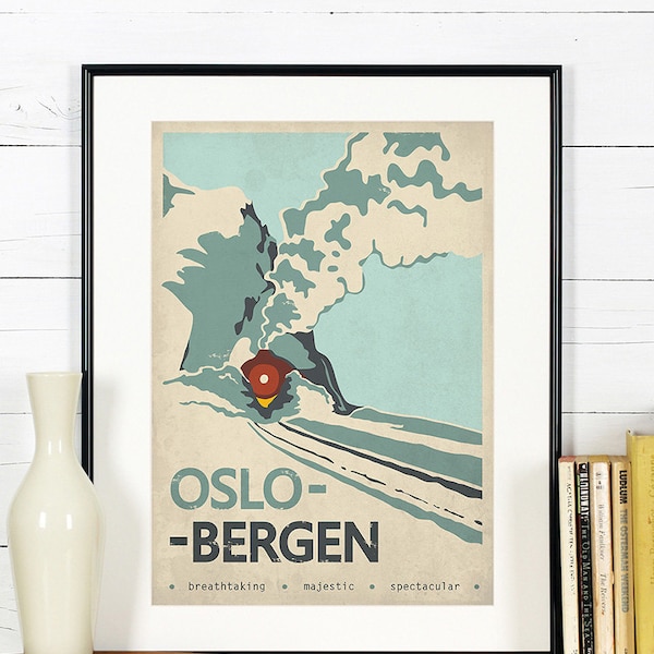 Retro travel poster, Norway, Oslo Bergen, train, railroad, Norway, explore Scandinavia, Scandinavian landscape, Nordic, mountains, art print