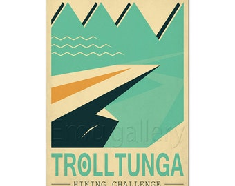 Norway, retro travel poster, art print, Trolltunga Troll's tongue, Nordic landscape, explore Scandinavia, hike, climb, mountains, wall decor