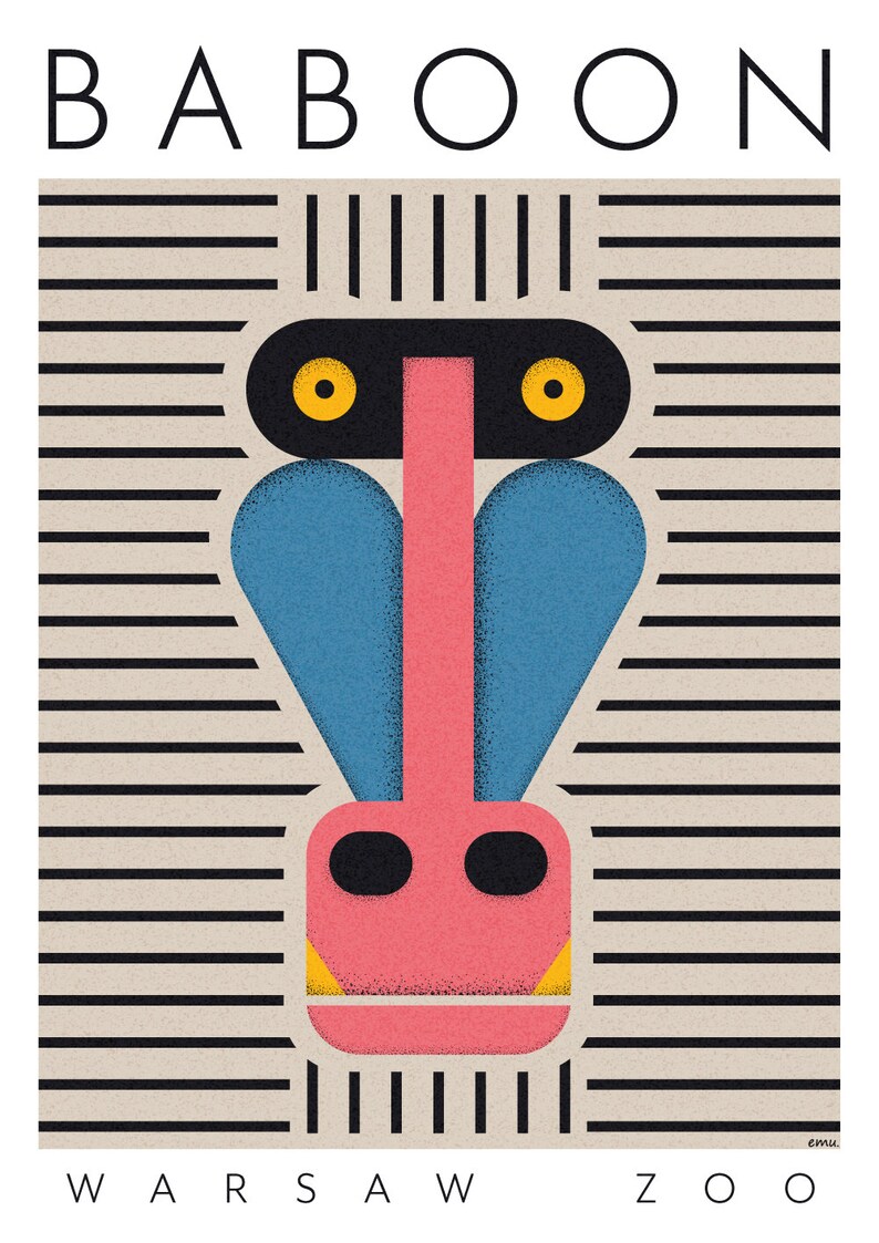 Baboon Retro poster Minimalist poster Monkey Warsaw zoo Animals poster Animals portrait Art art print