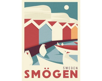 Reiseposter, Schweden, Smogen, Wohndeko Geschenk, Retro Kunstdruck, Boote, Möwen, Skandinavien, skandinavische Landschaft, Nordisches Poster