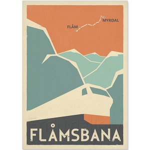 Retro travel poster, Norway, Flamsbana, Flam line, Myrdal, train, railroad, Scandinavia, Scandinavian landscape, Nordic mountains, art print image 2