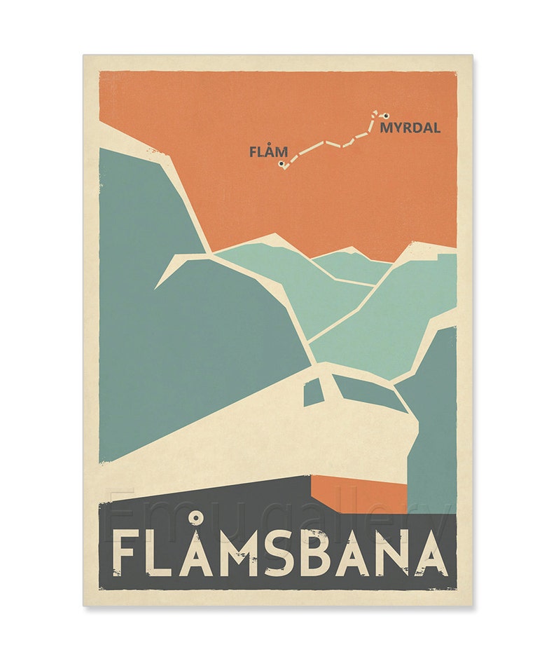 Retro travel poster, Norway, Flamsbana, Flam line, Myrdal, train, railroad, Scandinavia, Scandinavian landscape, Nordic mountains, art print image 2