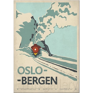 Retro plakat podróżniczy, Norwegia, Oslo Bergen, pociąg, kolej, Norwegia, poznaj Skandynawię, skandynawski krajobraz, nordycki, góry, druk artystyczny zdjęcie 2