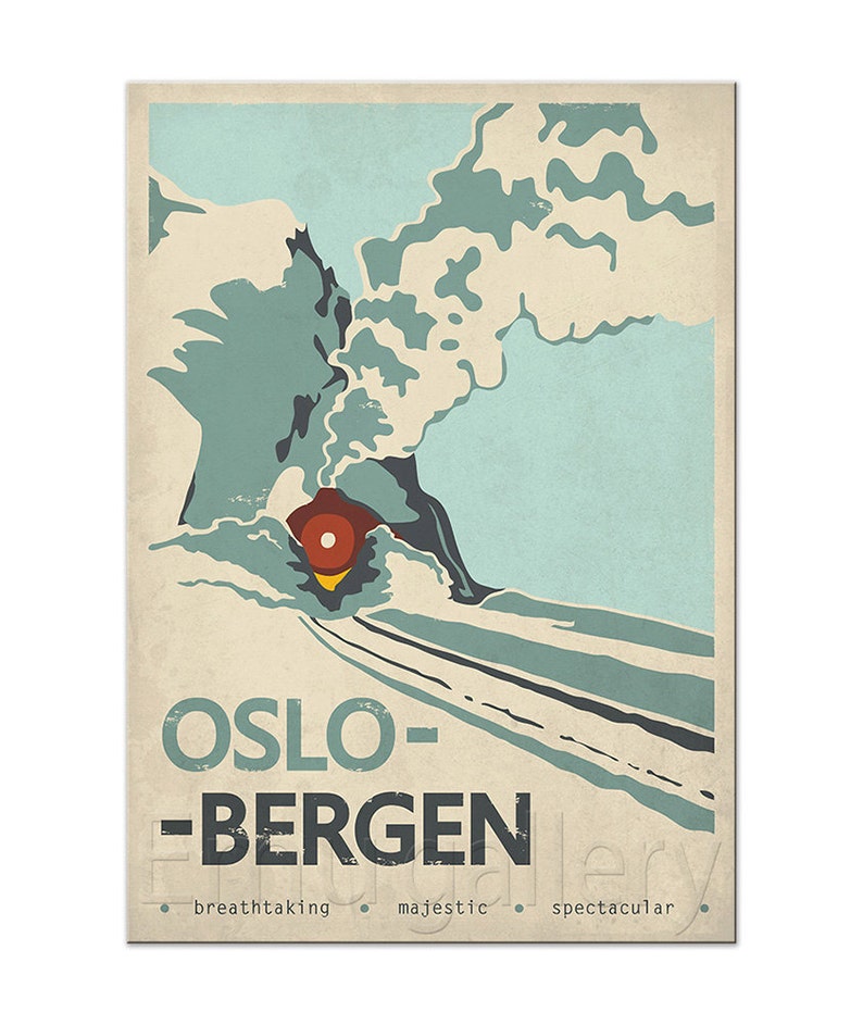 Retro plakat podróżniczy, Norwegia, Oslo Bergen, pociąg, kolej, Norwegia, poznaj Skandynawię, skandynawski krajobraz, nordycki, góry, druk artystyczny zdjęcie 2