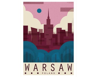 Reiseposter, Polen, Warschau, Warszawa, Hauptstadt Polens, Reisedruck, Stadtposter, Polska, Warschau Skyline, Pałac kultury, Stadtzentrum