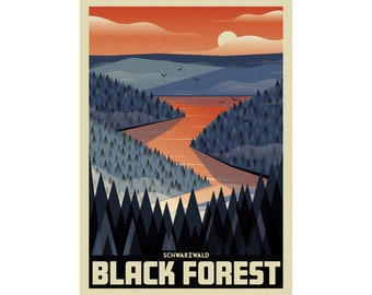 Travel poster, Germany, Black Forest, Schwarzwald, Deutschland, Trees, River, Sunset, Europe, Housewarming gift, Retro art print
